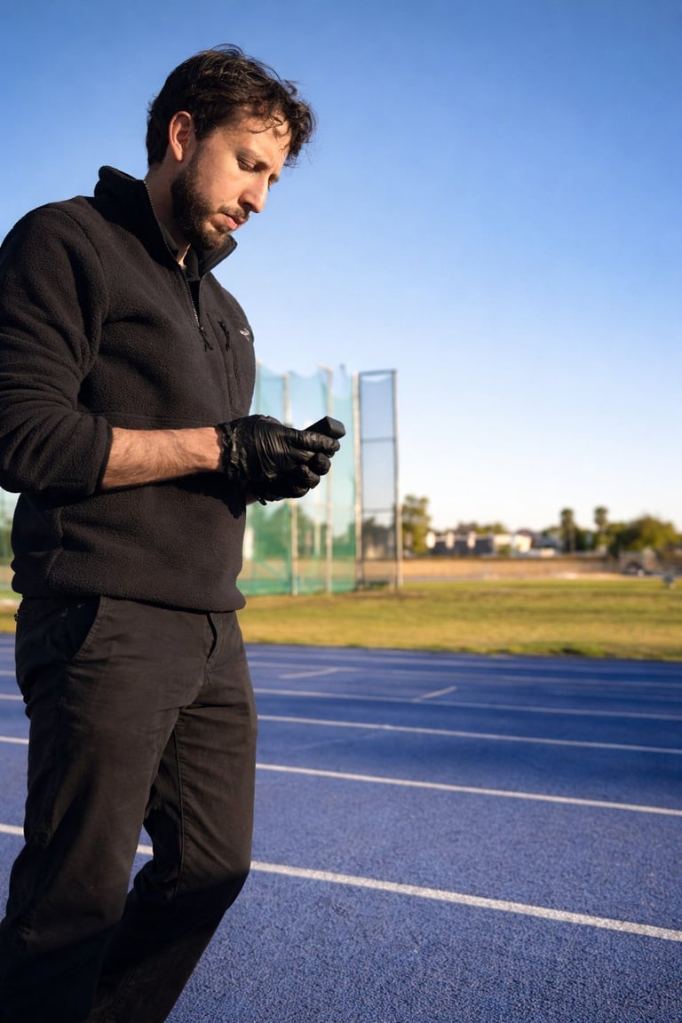 Man in black hoodie checking phone while standing on blue running track with sports field in background