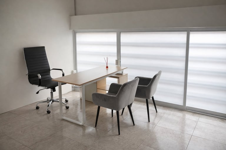 Modern office space with a light wood desk, three chairs, and large windows with blinds in a minimalist interior